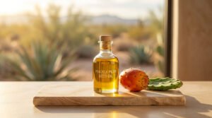 Flacon d'huile de graines de figue de barbarie, fruit et feuille de cactus sur planche, avec paysage désertique en arrière-plan.