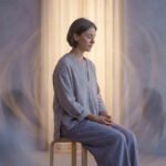 Femme aux cheveux courts méditant les yeux clos, assise, entourée d'images floues d'elle-même dans un décor lumineux.