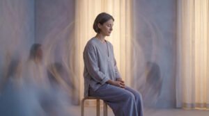 Femme aux cheveux courts méditant les yeux clos, assise, entourée d'images floues d'elle-même dans un décor lumineux.