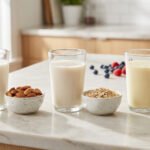 Trois verres de laits végétaux (amande, avoine, soja) avec leurs ingrédients bruts dans des bols. Baies et menthe en arrière-plan sur un comptoir.