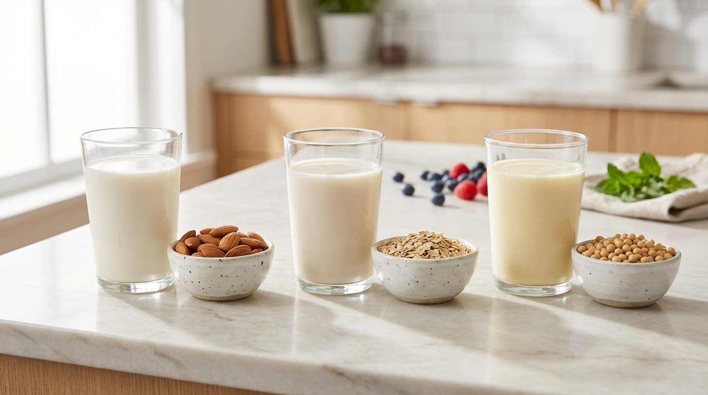 Trois verres de laits végétaux (amande, avoine, soja) avec leurs ingrédients bruts dans des bols. Baies et menthe en arrière-plan sur un comptoir.