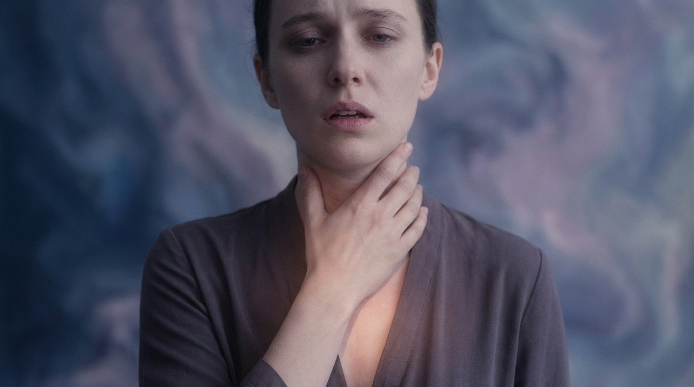 Gros plan sur une femme anxieuse, main sur la gorge. Son visage exprime la détresse, un cri étouffé. Lumière subtile sur la poitrine.