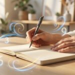 Mains écrivant dans un carnet sur un bureau en bois clair, avec des chiffres lumineux 3, 6, 9 et des spirales d'énergie.