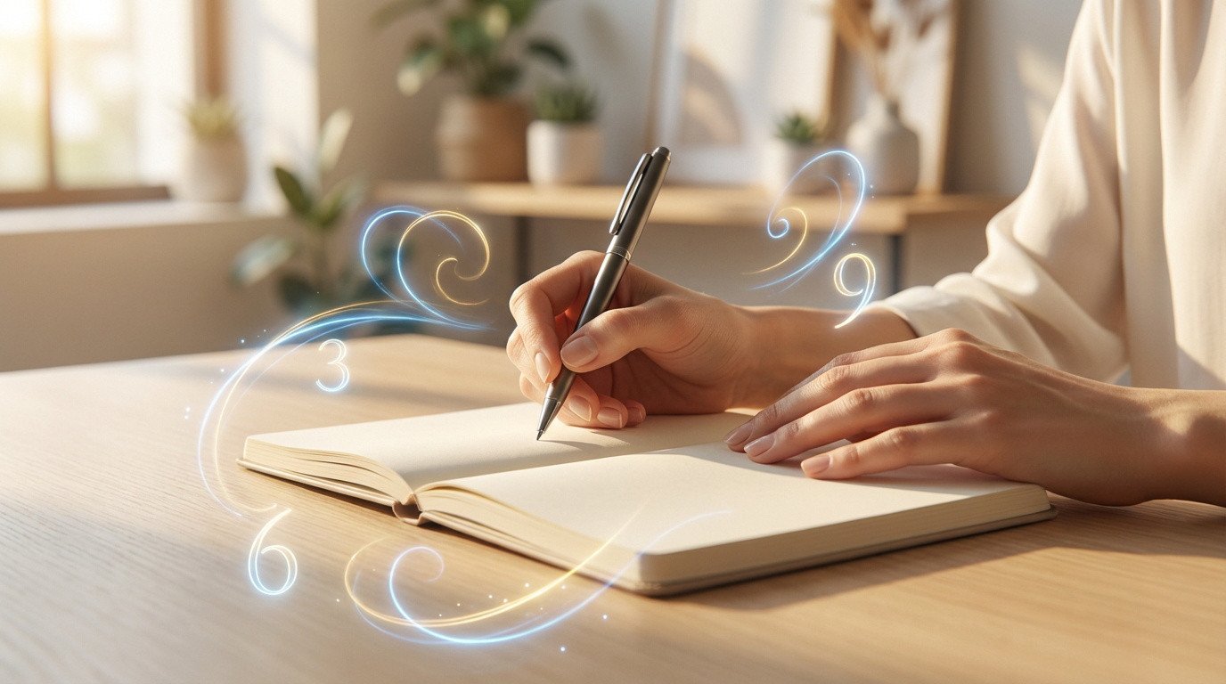 Mains écrivant dans un carnet sur un bureau en bois clair, avec des chiffres lumineux 3, 6, 9 et des spirales d'énergie.