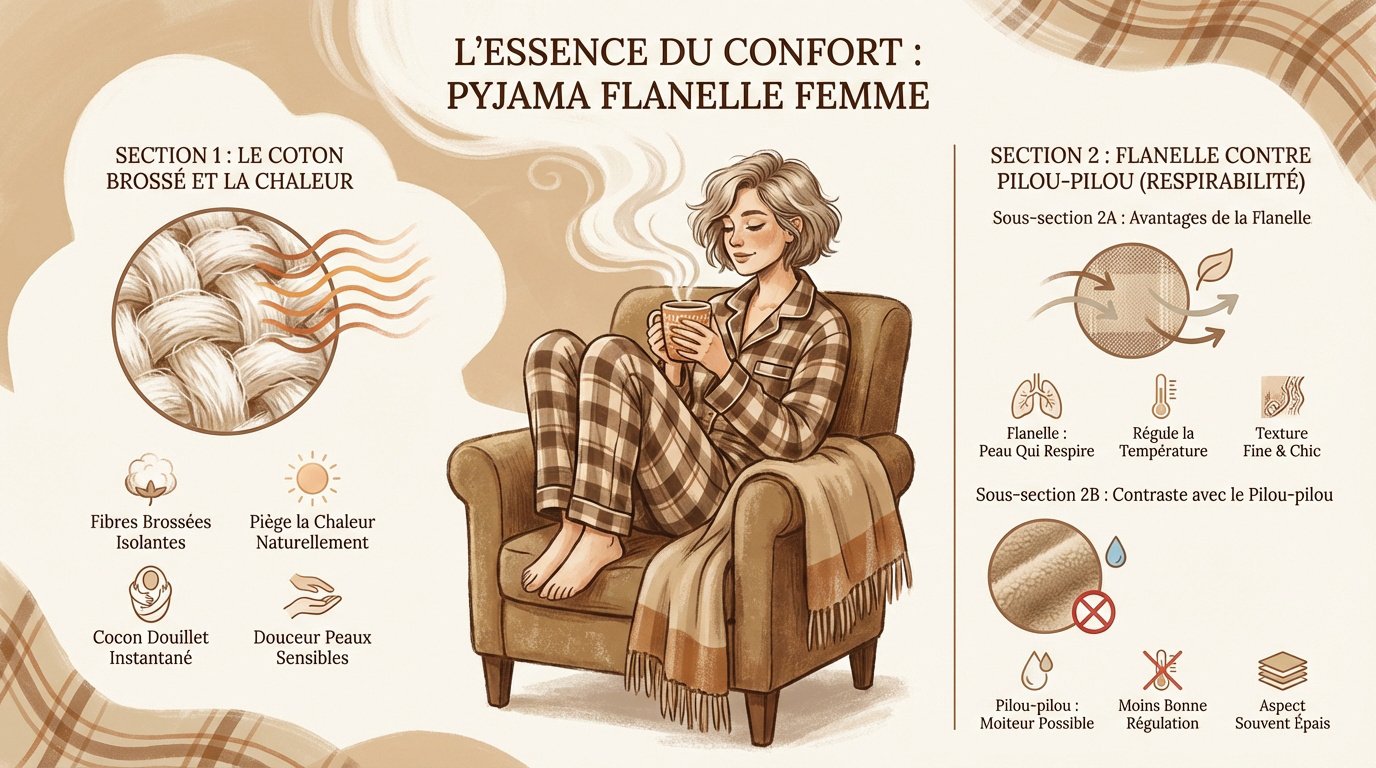 Femme souriante portant un pyjama en flanelle de coton chaud et confortable