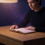 Jeune adulte concentré lisant un livre lumineux de numérologie avec symboles sur un bureau en bois, fond cosmique.