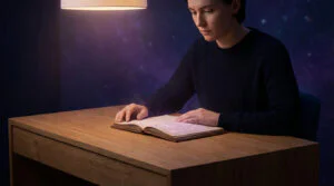 Jeune adulte concentré lisant un livre lumineux de numérologie avec symboles sur un bureau en bois, fond cosmique.