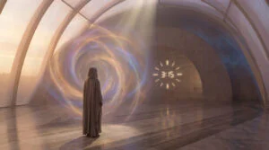 Figure encapuchonnée devant un portail énergétique iridescent avec symboles, et l'heure 3:15 lumineuse sur un mur architectural.