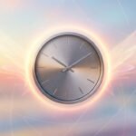 Elegant minimalist clock set at 10:10, glowing warmly against a dreamy pastel backdrop with subtle angelic wing-like forms.