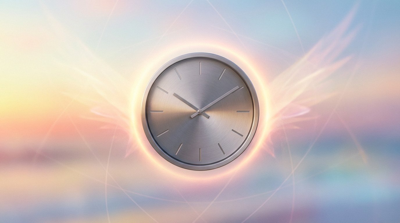 Elegant minimalist clock set at 10:10, glowing warmly against a dreamy pastel backdrop with subtle angelic wing-like forms.