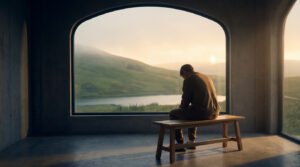 Un homme assis, le dos tourné, sur un banc de bois face à une grande fenêtre arquée donnant sur un paysage brumeux au lever du soleil.
