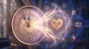 Horloge ancienne à 11h11 d'où émane une lumière dorée, un cœur lumineux et des chiffres mystiques (11, 22) sur fond cosmique.