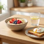 A vibrant, healthy breakfast spread on a light wooden table, featuring oatmeal with berries, poached egg on toast, water, and nuts, bathed in soft morning light.
