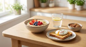 A vibrant, healthy breakfast spread on a light wooden table, featuring oatmeal with berries, poached egg on toast, water, and nuts, bathed in soft morning light.