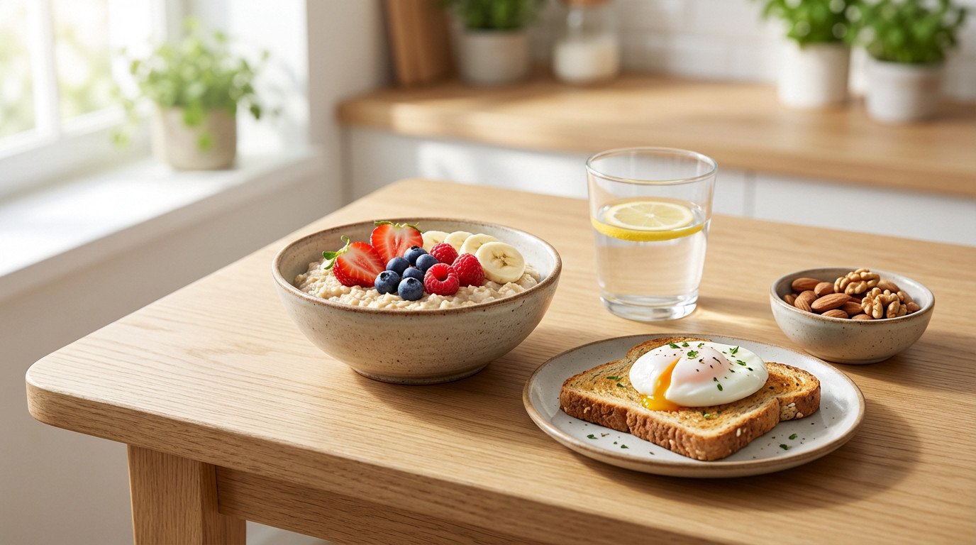 A vibrant, healthy breakfast spread on a light wooden table, featuring oatmeal with berries, poached egg on toast, water, and nuts, bathed in soft morning light.