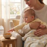 A mother gently holds her baby, who reaches for a bowl of pureed food and a bottle on a table in a sunlit home.