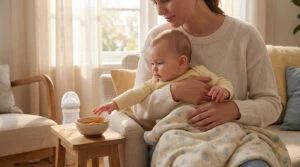 A mother gently holds her baby, who reaches for a bowl of pureed food and a bottle on a table in a sunlit home.