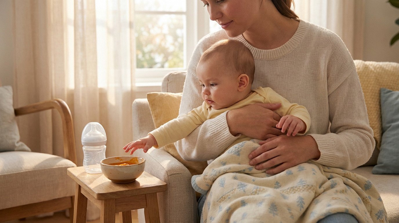 A mother gently holds her baby, who reaches for a bowl of pureed food and a bottle on a table in a sunlit home.