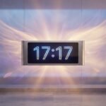 A digital clock displays 17:17, surrounded by ethereal golden and purple light with abstract angelic wing patterns in a minimalist, mystical setting.