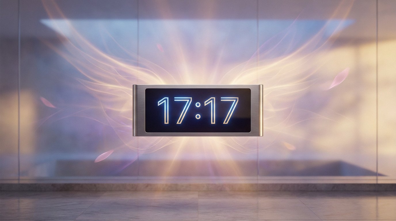A digital clock displays 17:17, surrounded by ethereal golden and purple light with abstract angelic wing patterns in a minimalist, mystical setting.