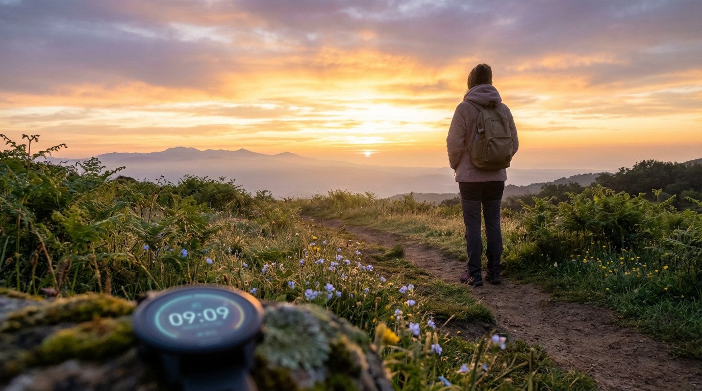 Figure on a winding path at dawn, gazing at a vibrant sunrise over mountains. A digital watch displays 09:09 in the dewy foreground.