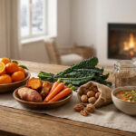 Vibrant winter foods on a wooden table: oranges, sweet potatoes, kale, walnuts, lentils, and a warm soup, with a snowy window and fireplace.