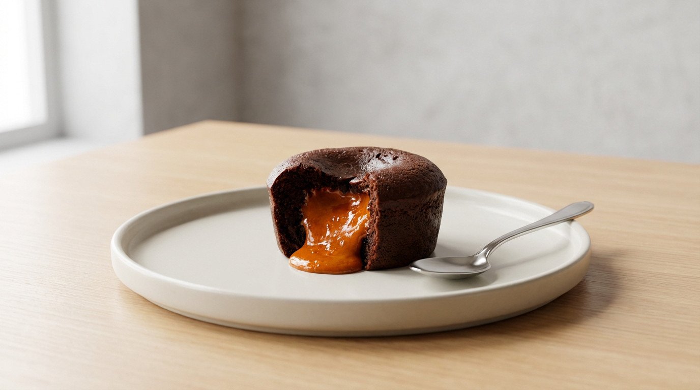 Close-up of a protein chocolate fondant with a flowing molten orange-brown core on a minimalist plate with a silver spoon.