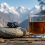 Glistening shilajit resin on a stone, amber liquid in glass, and capsule, with blurred snow-capped Himalayan mountains.
