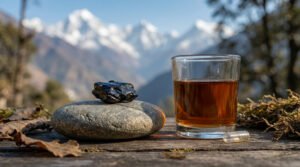 Glistening shilajit resin on a stone, amber liquid in glass, and capsule, with blurred snow-capped Himalayan mountains.