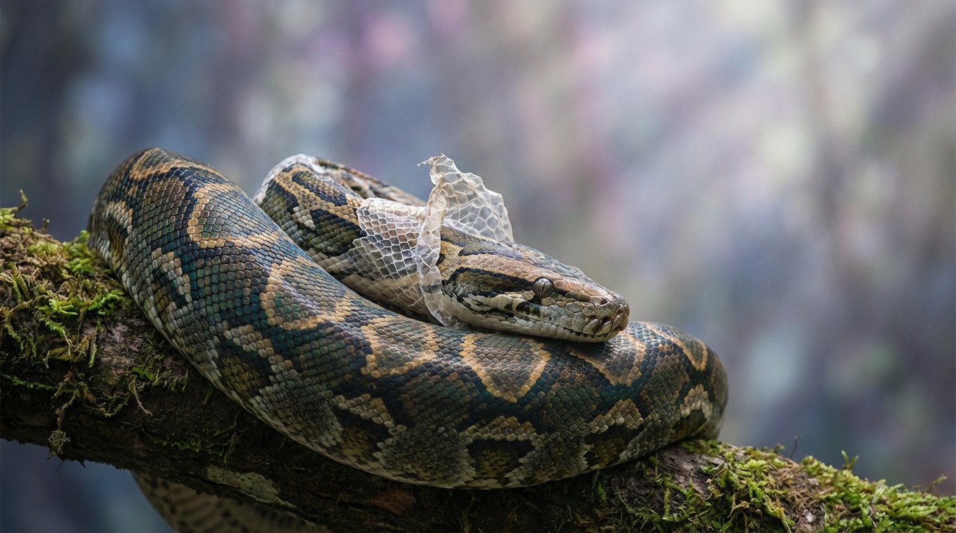 Gros plan sur un serpent aux motifs complexes en pleine mue, enroulé sur une branche moussue. Sa peau translucide se détache de sa tête.