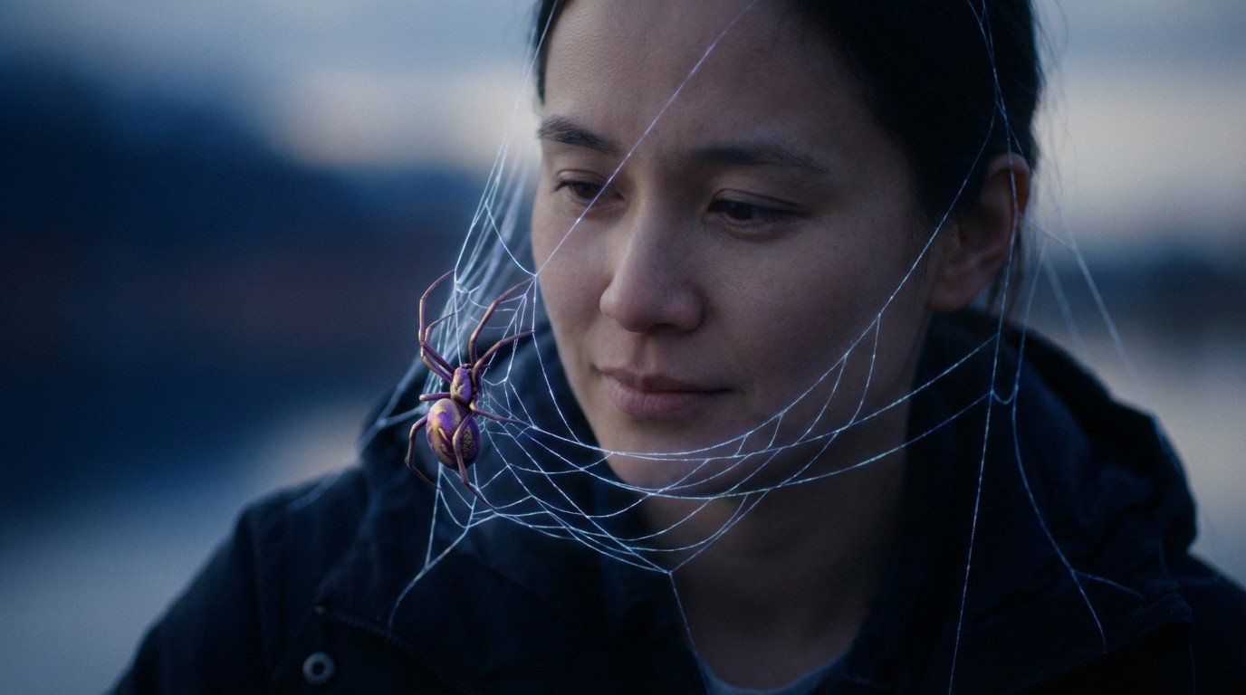 Femme au visage recouvert d'une toile d'araignée brillante, avec une araignée violette et dorée. Un ciel crépusculaire en fond.