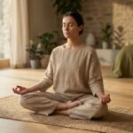 Individual in lotus pose meditating on a mat in a sunlit room. Neutral attire, serene expression, blurred natural background.