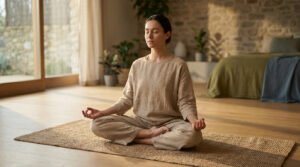 Individual in lotus pose meditating on a mat in a sunlit room. Neutral attire, serene expression, blurred natural background.