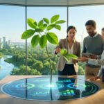 Three professionals analyze a digital eco-dashboard with a sapling, overlooking a sustainable city powered by renewables.