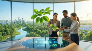 Three professionals analyze a digital eco-dashboard with a sapling, overlooking a sustainable city powered by renewables.