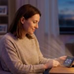 Woman in sweater smiles at phone showing '21:21' in a warm, softly lit room at dusk, evoking peace and introspection.