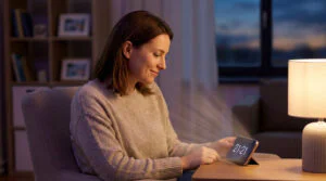 Woman in sweater smiles at phone showing '21:21' in a warm, softly lit room at dusk, evoking peace and introspection.