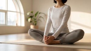 Gender-neutral individual in Baddha Konasana on a yoga mat, bathed in soft light from a large window, conveying peace.