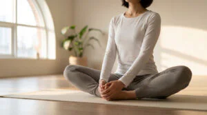 Gender-neutral individual in Baddha Konasana on a yoga mat, bathed in soft light from a large window, conveying peace.