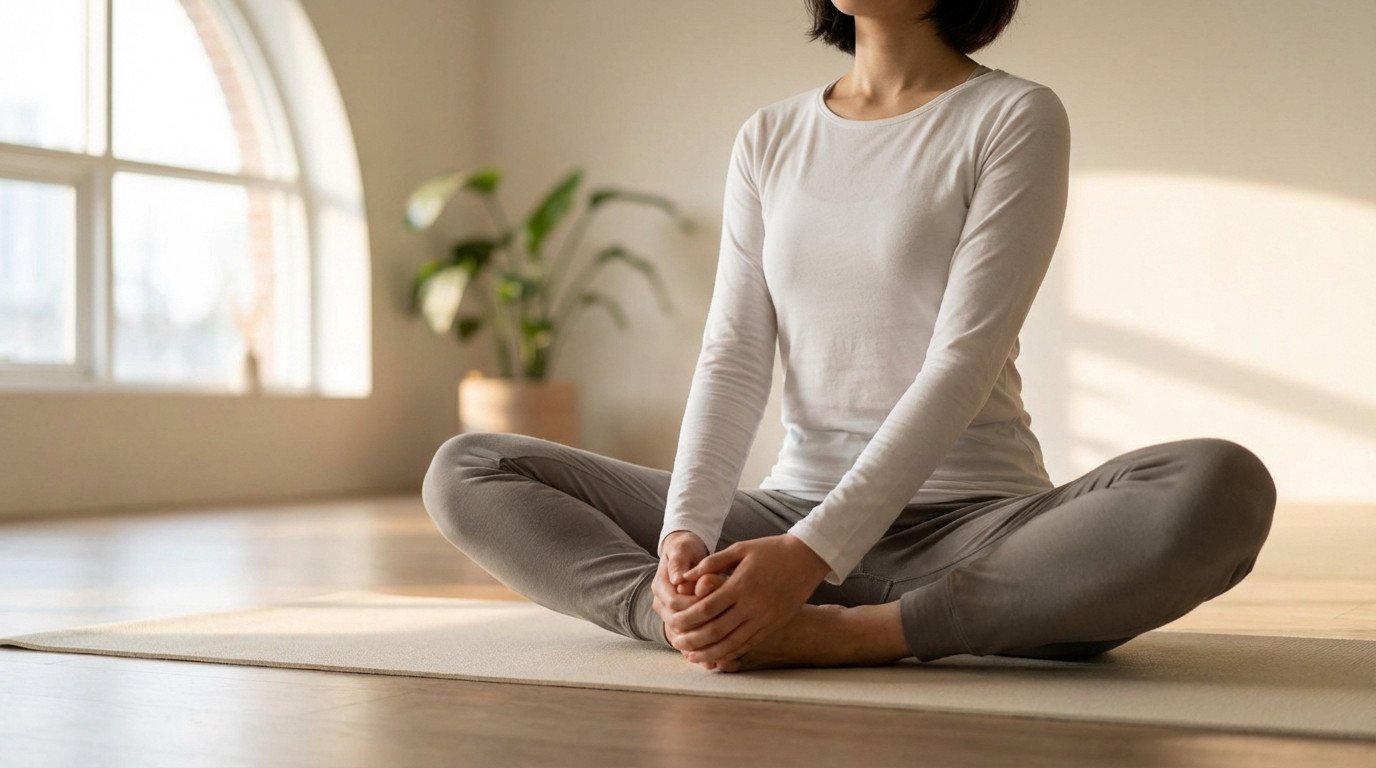Gender-neutral individual in Baddha Konasana on a yoga mat, bathed in soft light from a large window, conveying peace.