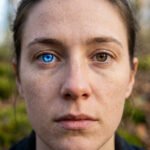 Photorealistic close-up of a young adult with complete heterochromia: one sapphire blue eye, one hazel brown eye. Natural, blurred forest background.