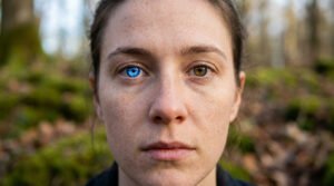 Photorealistic close-up of a young adult with complete heterochromia: one sapphire blue eye, one hazel brown eye. Natural, blurred forest background.