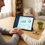 Couple souriant regardant un tableau de bord financier sur une tablette, leurs mains jointes sur la table en bois, des pièces à côté.