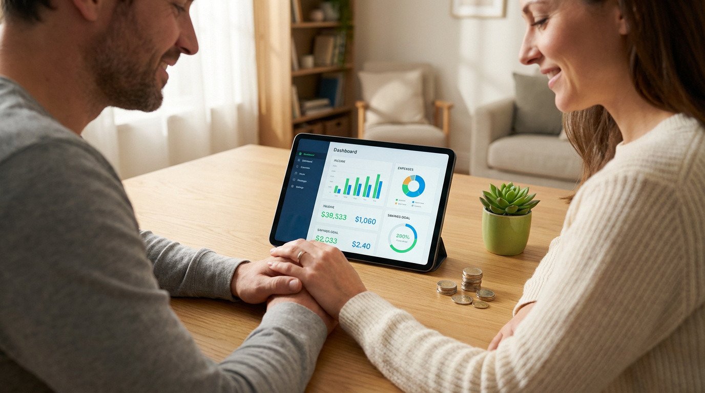 Couple souriant regardant un tableau de bord financier sur une tablette, leurs mains jointes sur la table en bois, des pièces à côté.