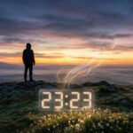 Homme de dos devant un écran 23:23, au lever ou coucher de soleil sur des montagnes brumeuses.