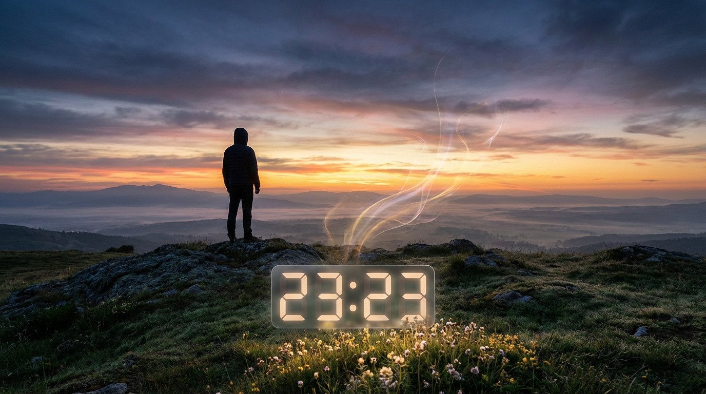 Homme de dos devant un écran 23:23, au lever ou coucher de soleil sur des montagnes brumeuses.