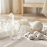 Assortiment de pierres et cristaux blancs (quartz, sélénite, howlite) sur tissu clair, baignés de lumière naturelle.