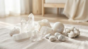 Assortiment de pierres et cristaux blancs (quartz, sélénite, howlite) sur tissu clair, baignés de lumière naturelle.