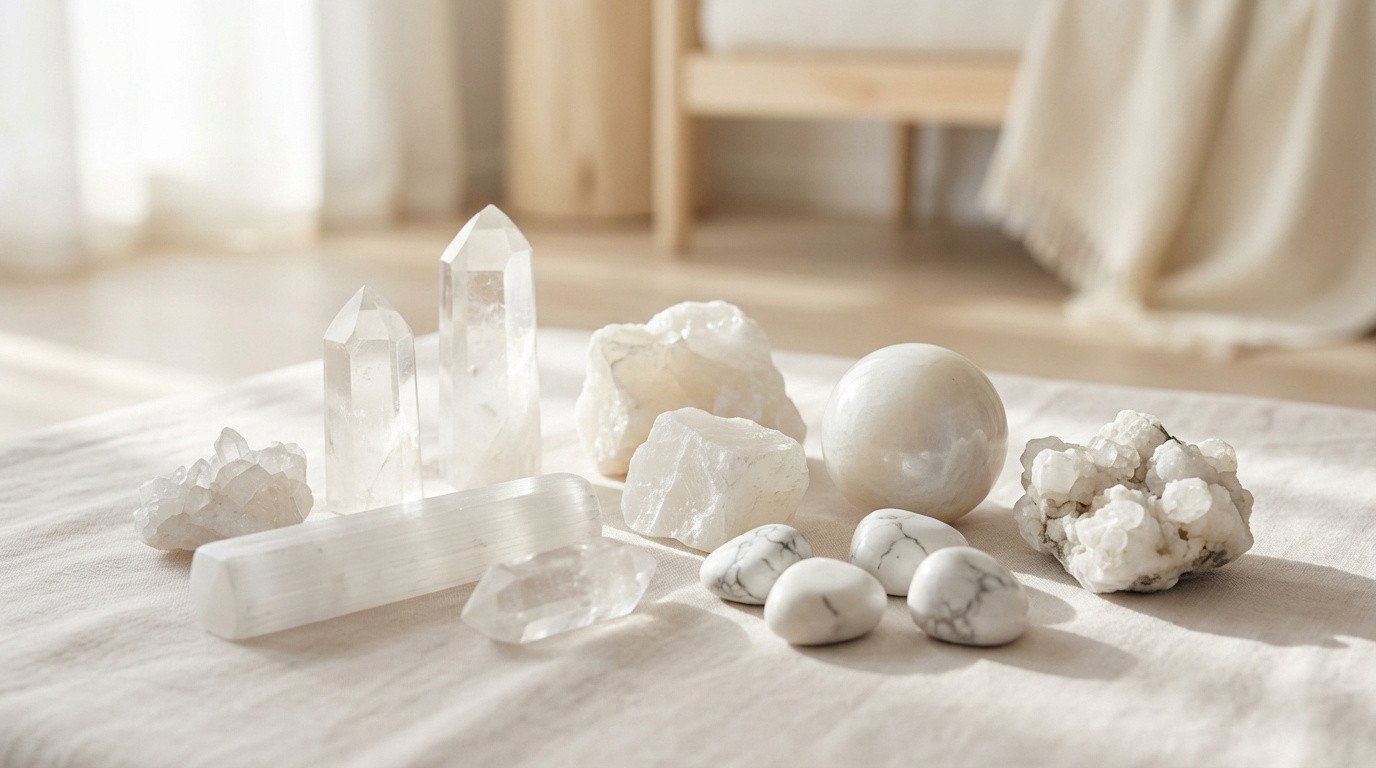 Assortiment de pierres et cristaux blancs (quartz, sélénite, howlite) sur tissu clair, baignés de lumière naturelle.