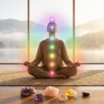 Femme méditant en lotus, ses 7 chakras illuminés, face à un lac brumeux et des montagnes au lever du soleil, avec cristaux.